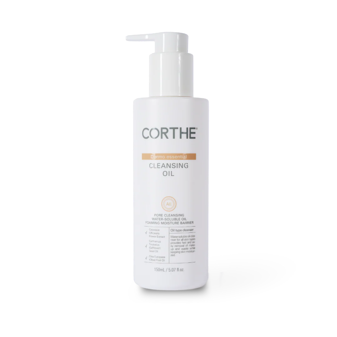 Corthe Dermo Essential Cleansing Oil bottle — gentle Korean oil cleanser for makeup removal and sensitive skin.