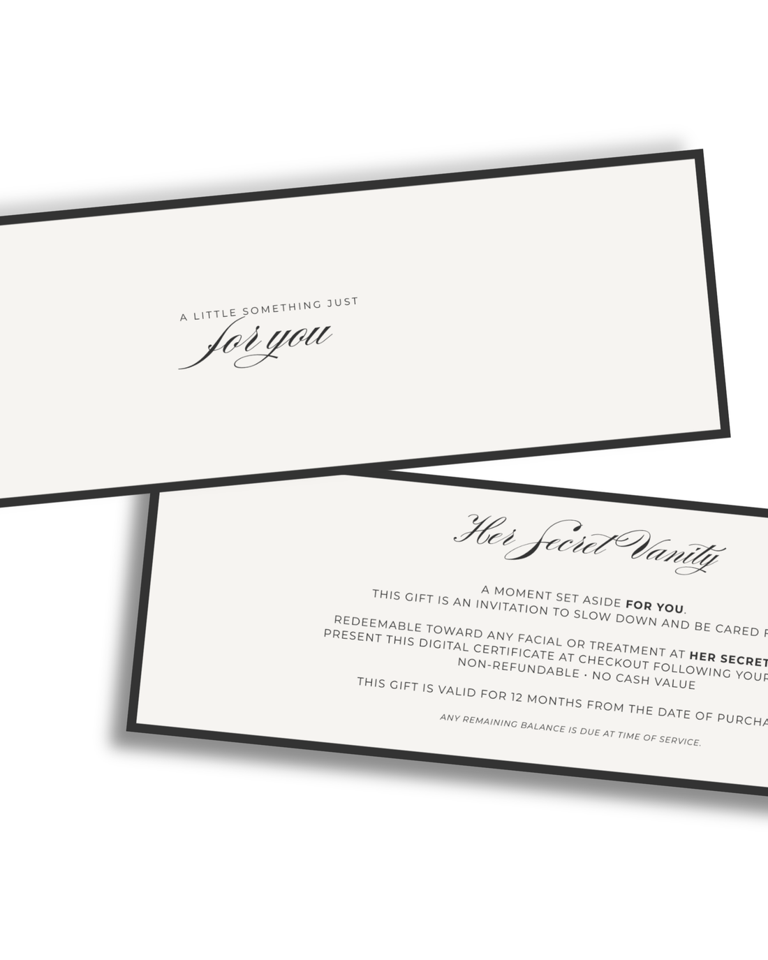 Digital facial gift certificate from Her Secret Vanity with “For You” typography, redeemable toward facials in Long Beach.