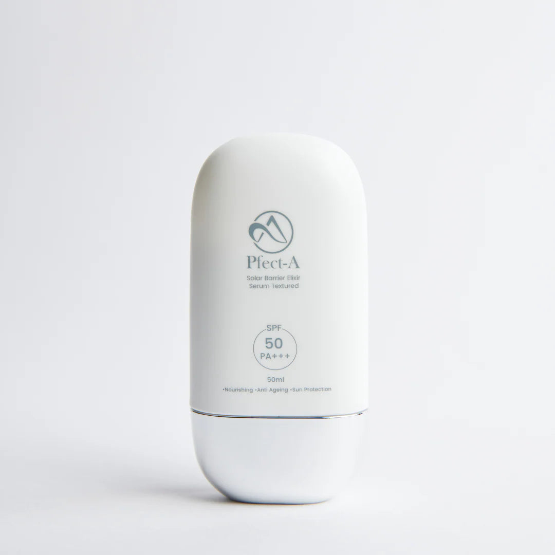 Pfect-A Solar Elixir Sunscreen SPF 50+, Korean lightweight sunscreen bottle on a neutral background.